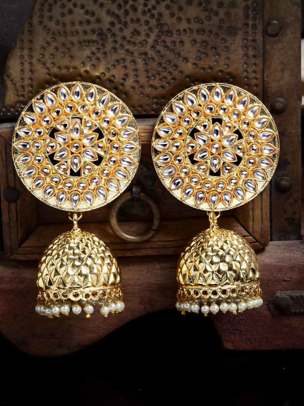 Golden Gold-Polished Circular Shaped Brass Jhumka Earrings For Women And Girls By House of Ree - Swadesiicart
