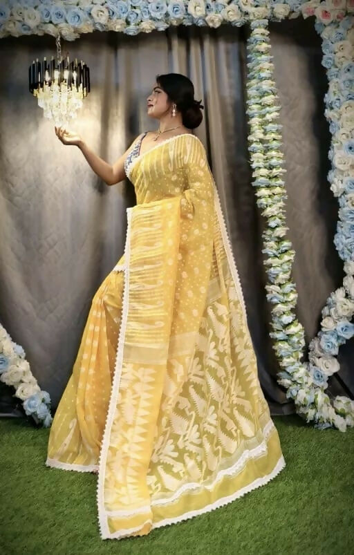 Exclusive Collection Beautiful Yellow Jaal Jamdani Saree - Swadesiicart