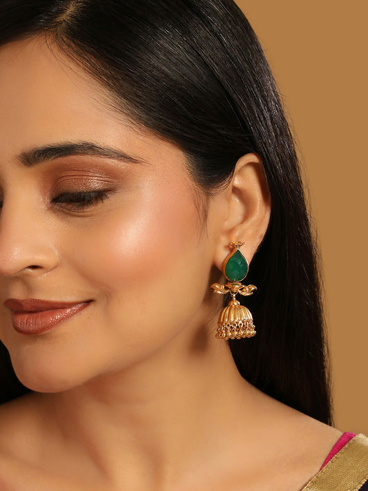Nuyug 22K Gold Plated Emerald Stone Studded Ethnic Jhumkas | Swadesiicart