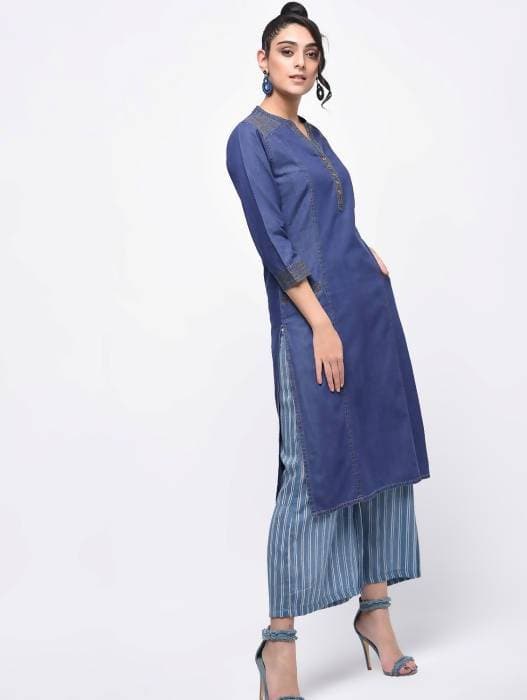Aniyah Denim Princess Line Straight Kurta In Blue (AN-128K) - Swadesiicart