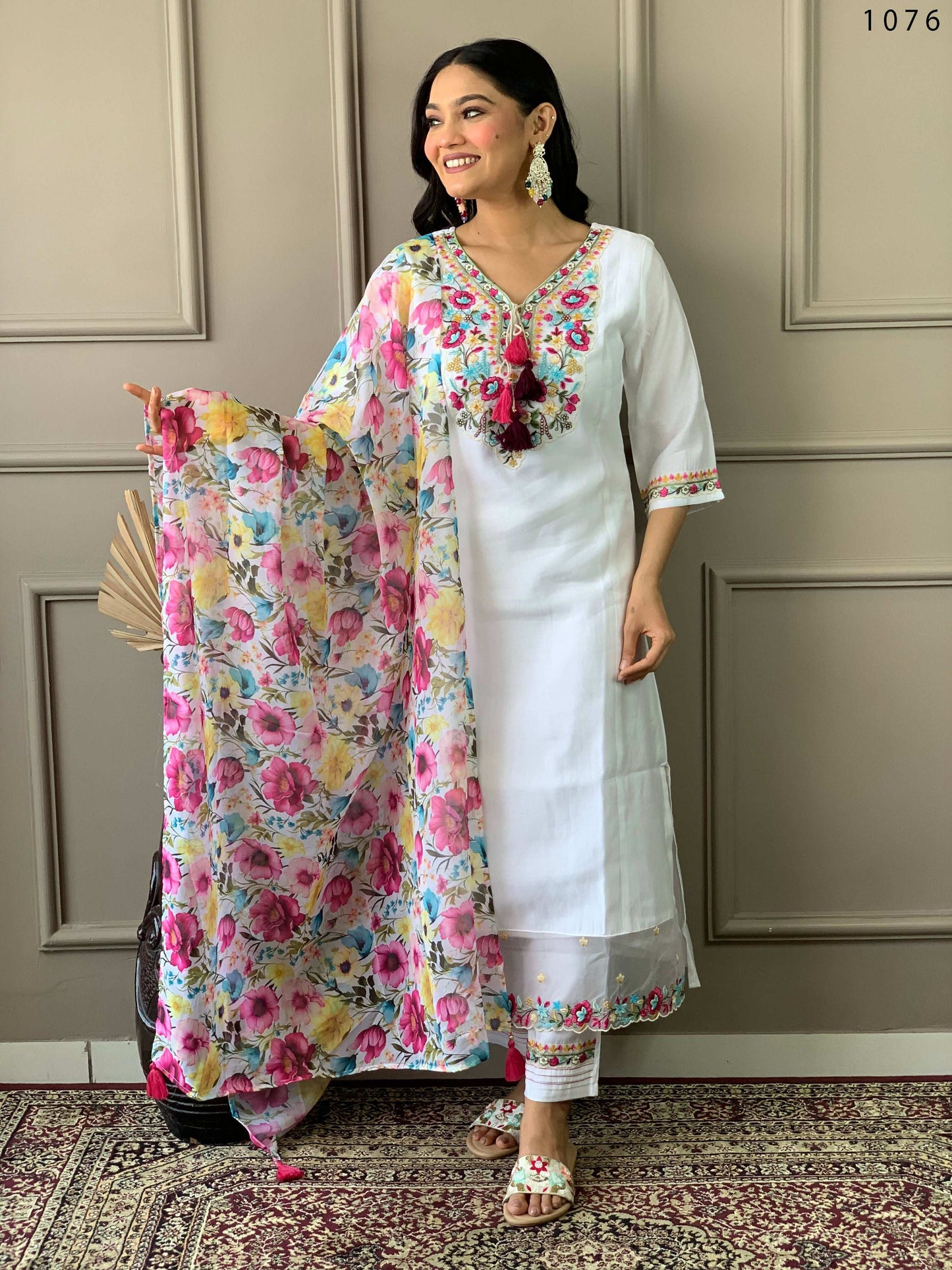 Partywear Designer Chanderi With Cotton Lining White Stitched Suit With Dupatta - Tanisha | Swadesiicart