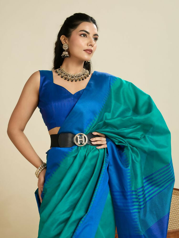 Vishnu Weaves Women's Firozi Raw Silk Thread Woven Saree with Blouse - Swadesiicart