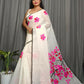 Exclusive Collection Beautiful White Pink Pure Cotton Hand Print Handloom Saree With Running Blouse Piece - Swadesiicart