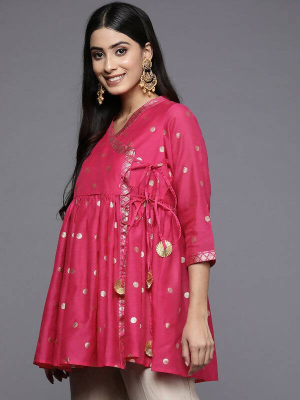 Ahalyaa Womens Pink Chanderi Printed Angrakha Style Tunic | Swadesiicart