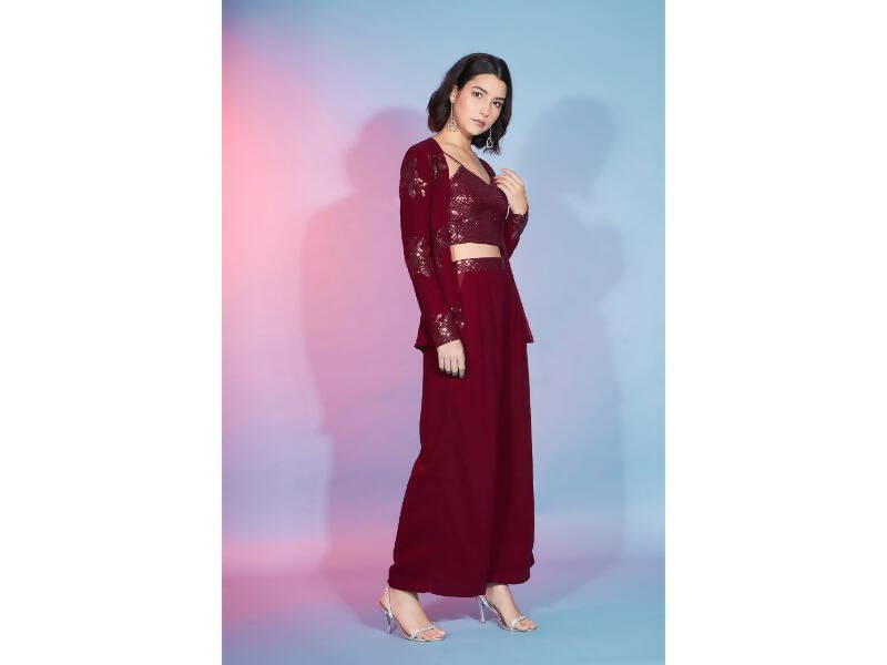 Red Georgette Sequence With Thread Designer Co-Ord Set - Flory - Swadesiicart