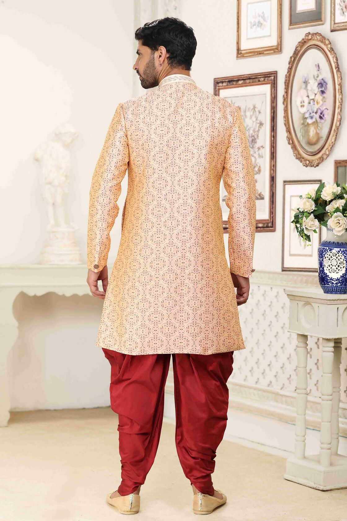 Raivat Ethnic Banarasi Jacquard Embroidery Semi Indo Western Sherwani In Cream Maroon Colour | Swadesiicart