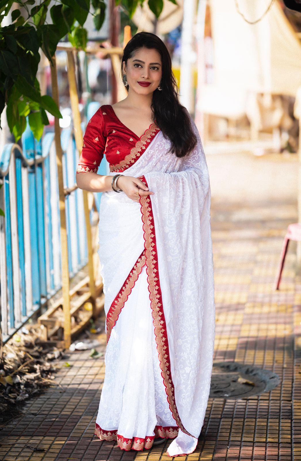 White Pure Georgette Woven Design Saree with Unstitched Blouse - Hiral Fashion | Swadesiicart