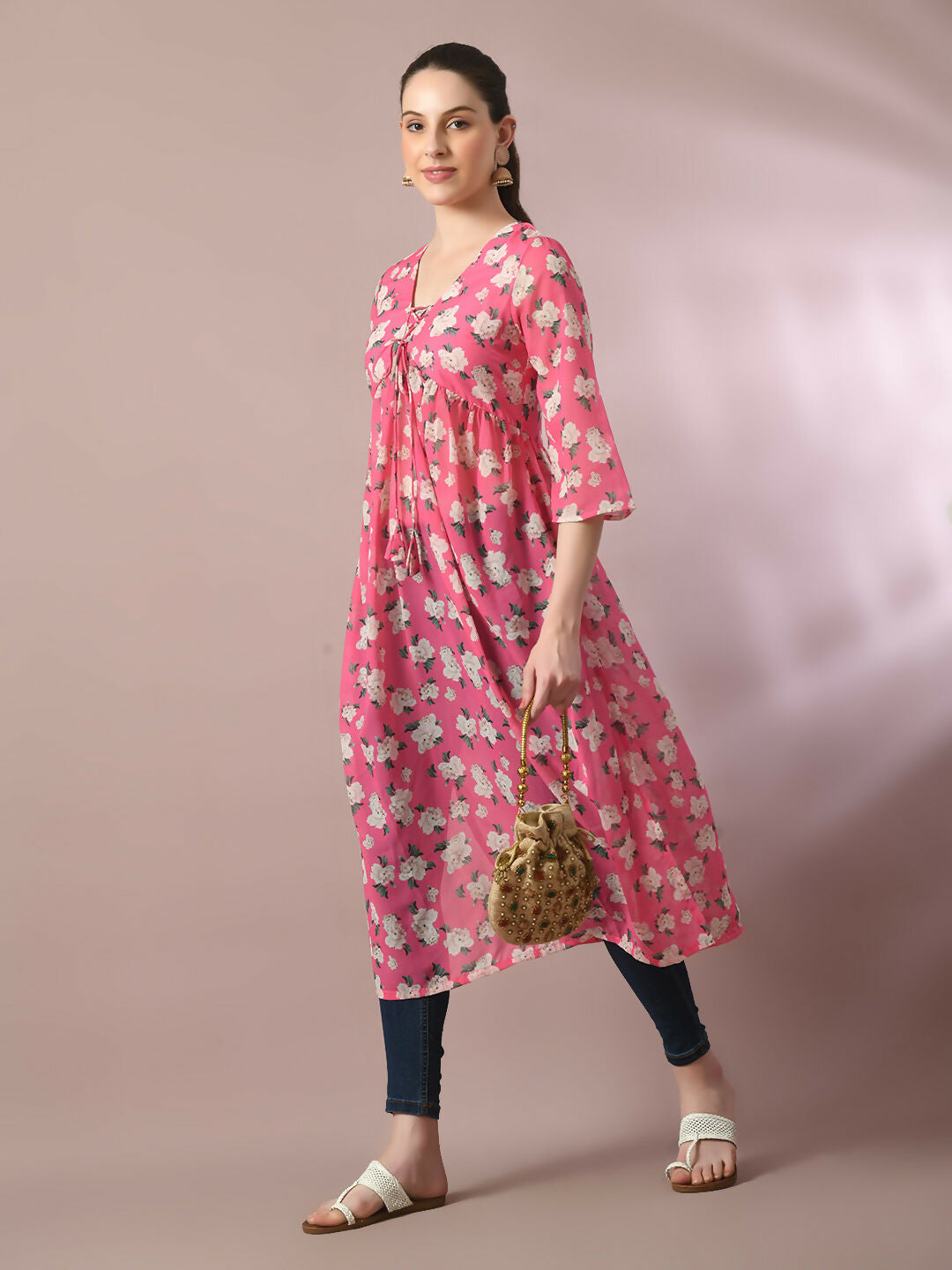 Myshka Women's Pink Printed Georgette A-Line Nyra-cut Kurta - Swadesiicart
