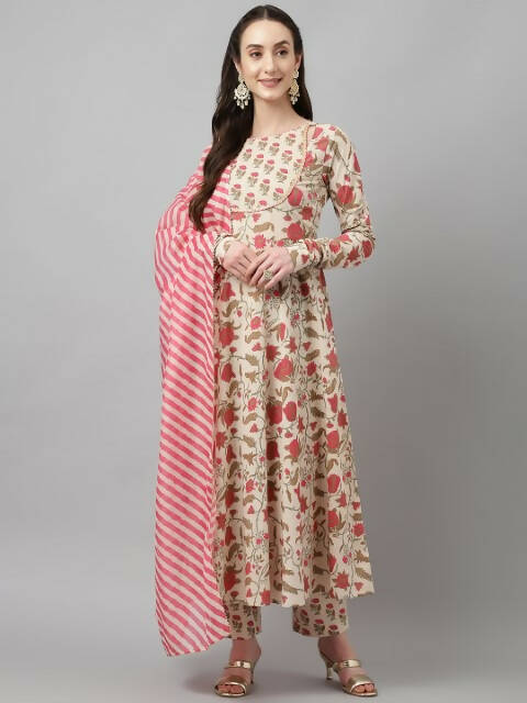 FIORRA Women's Beige Pure Cotton Flared Kurta Pant With Dupatta - Swadesiicart