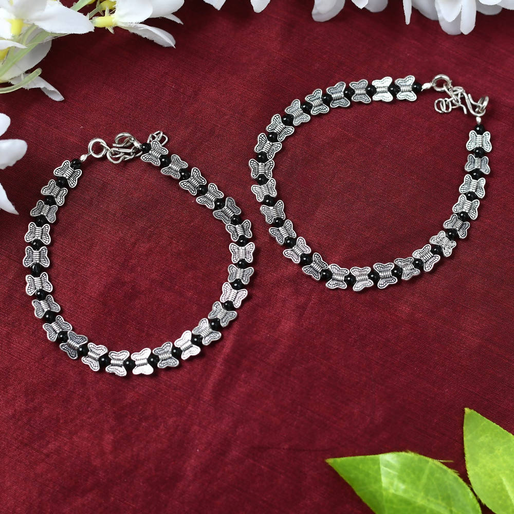 Mominos Fashion Kamal Johar Oxidised Silver Butterfly Anklets | Swadesiicart