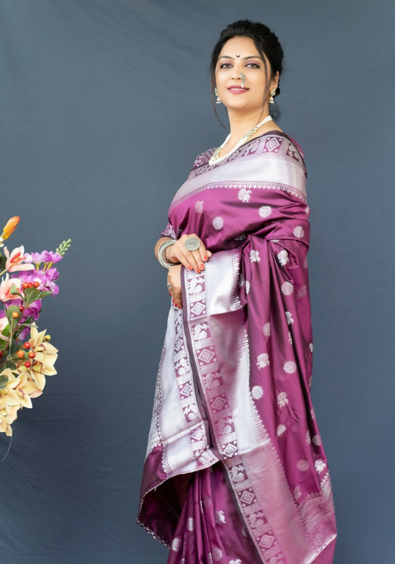 Jyoti Fashion Women's Wine Soft Banarasi Silk Zari Woven Saree with Blouse | Swadesiicart