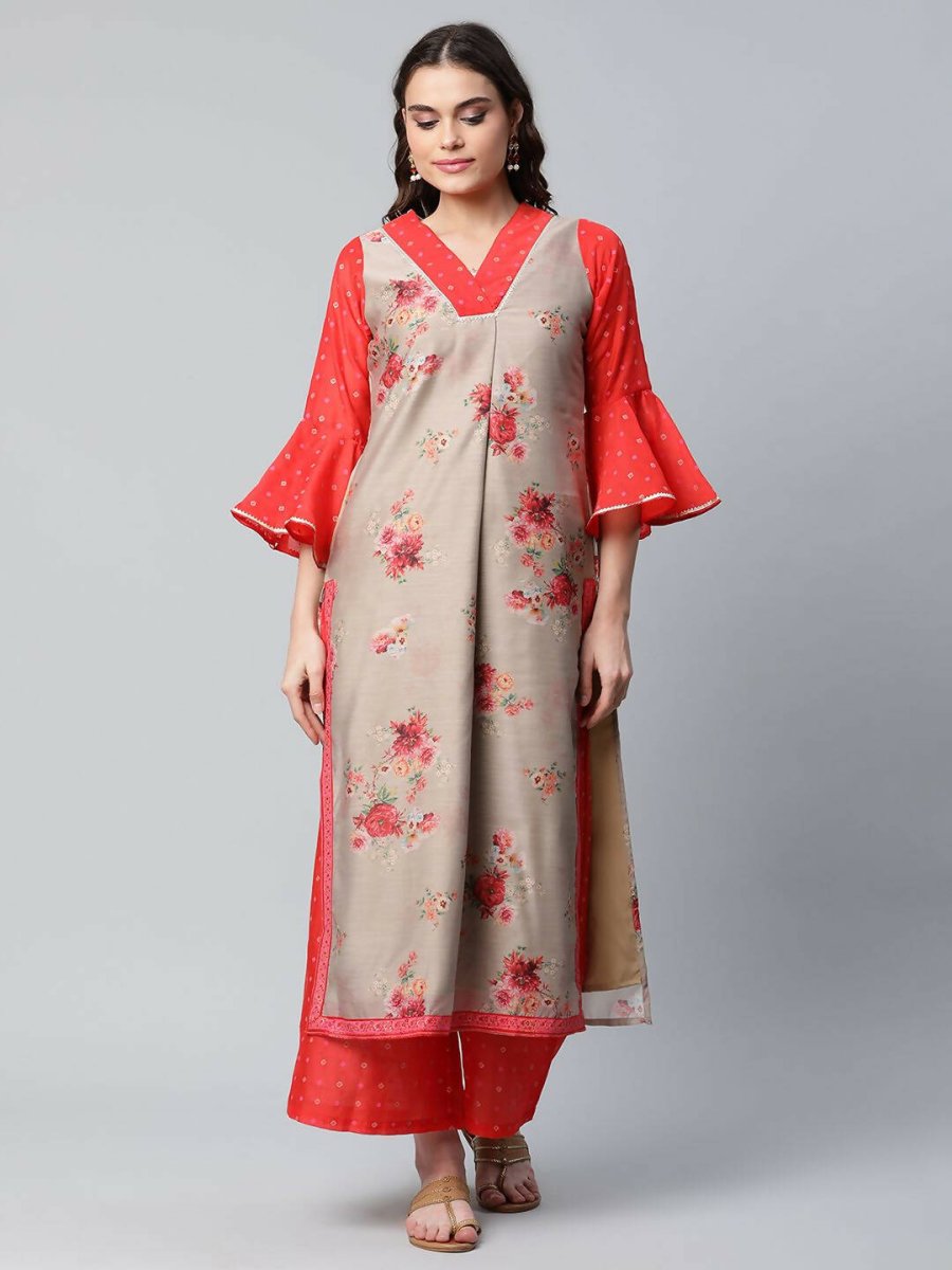 Ahalyaa Womens Chiku Chanderi Printed Kurta Palazzo Set | Swadesiicart