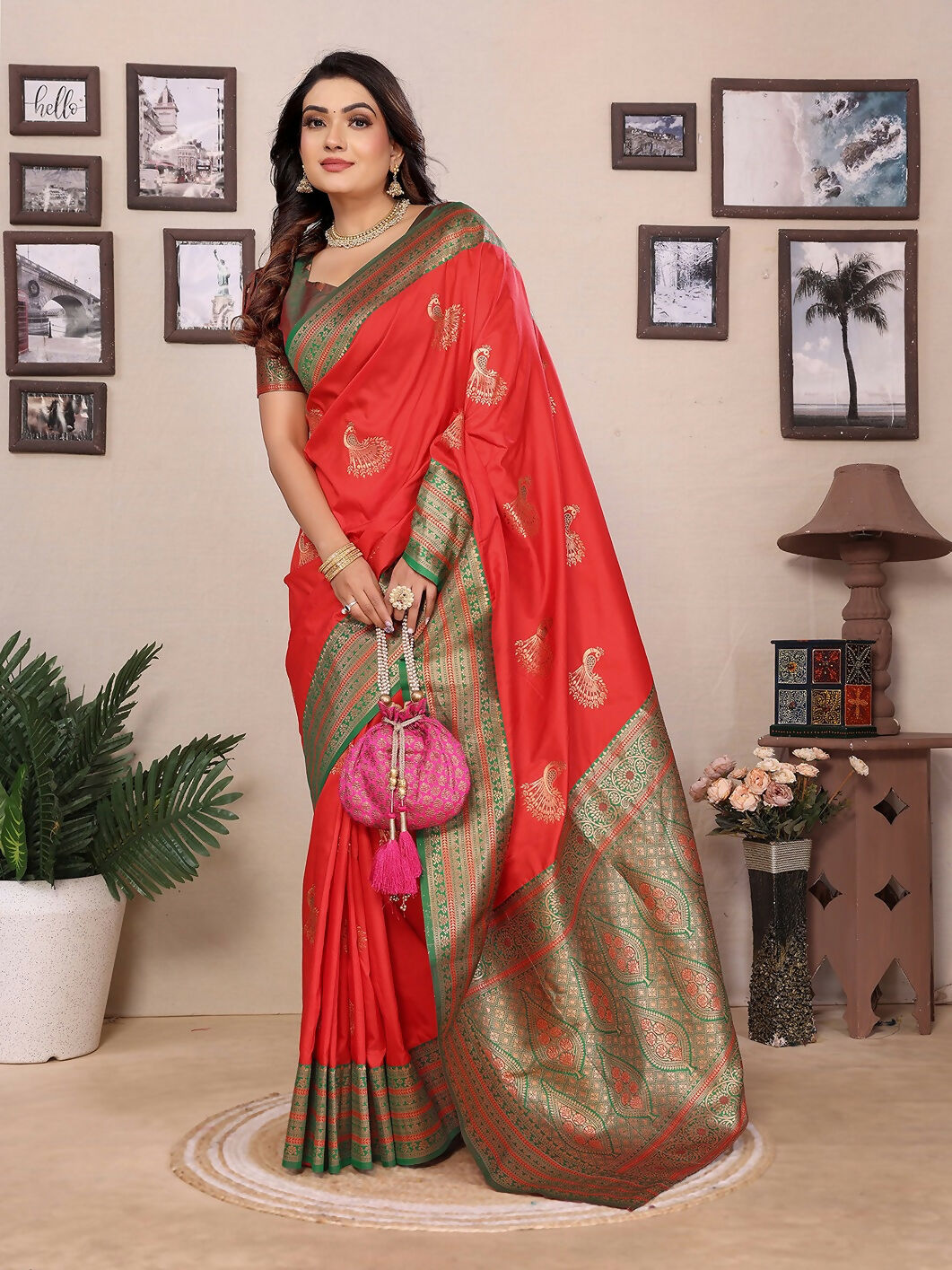 Joban Fashion Banarasi Red Small Butti Soft Silk Saree | Swadesiicart