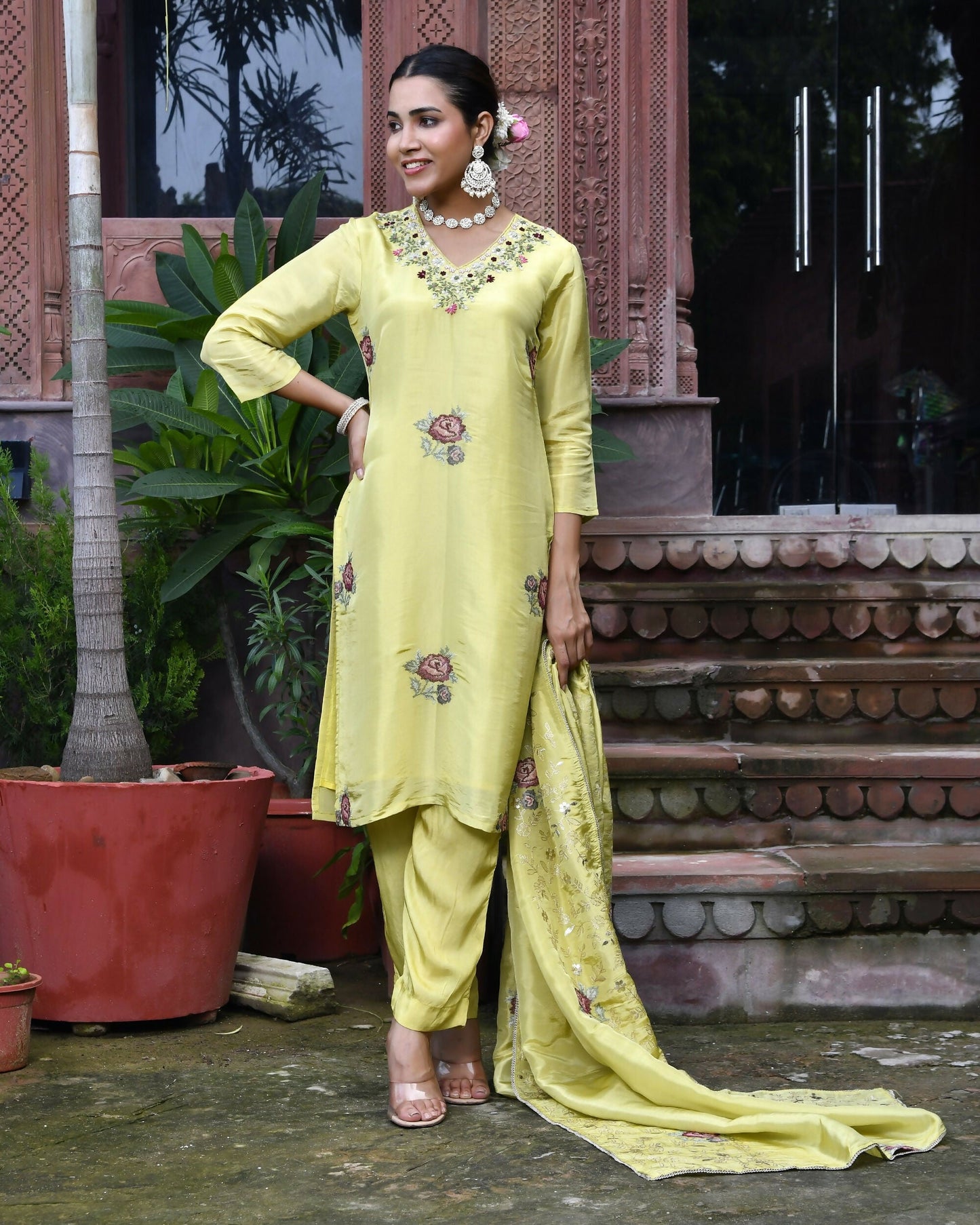 Vaasva Women's Tissue Silk Emboidered Suit Set With Solid Pant & Solid Embroidered Dupatta | Swadesiicart