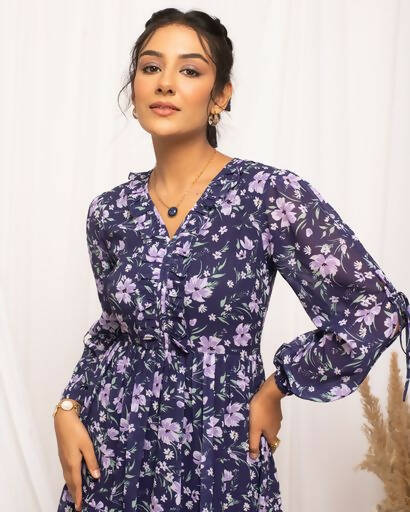 FIORRA Women's Blue Georgette Floral Printed Western Dress - Swadesiicart