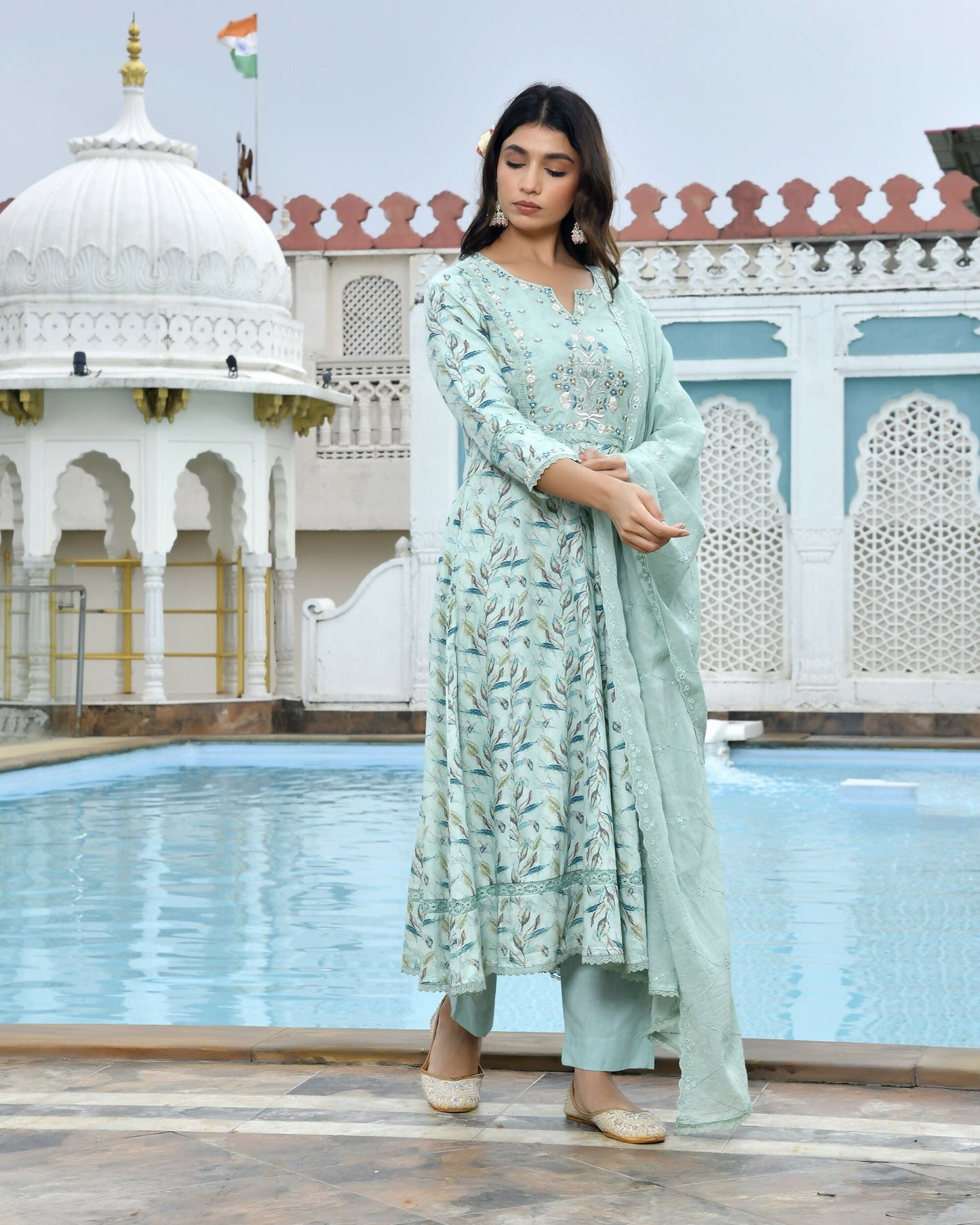 Vaasva Women's Sky Blue Cotton Anarkali Set With Solid Pant And Embroidered Dupatta | Swadesiicart