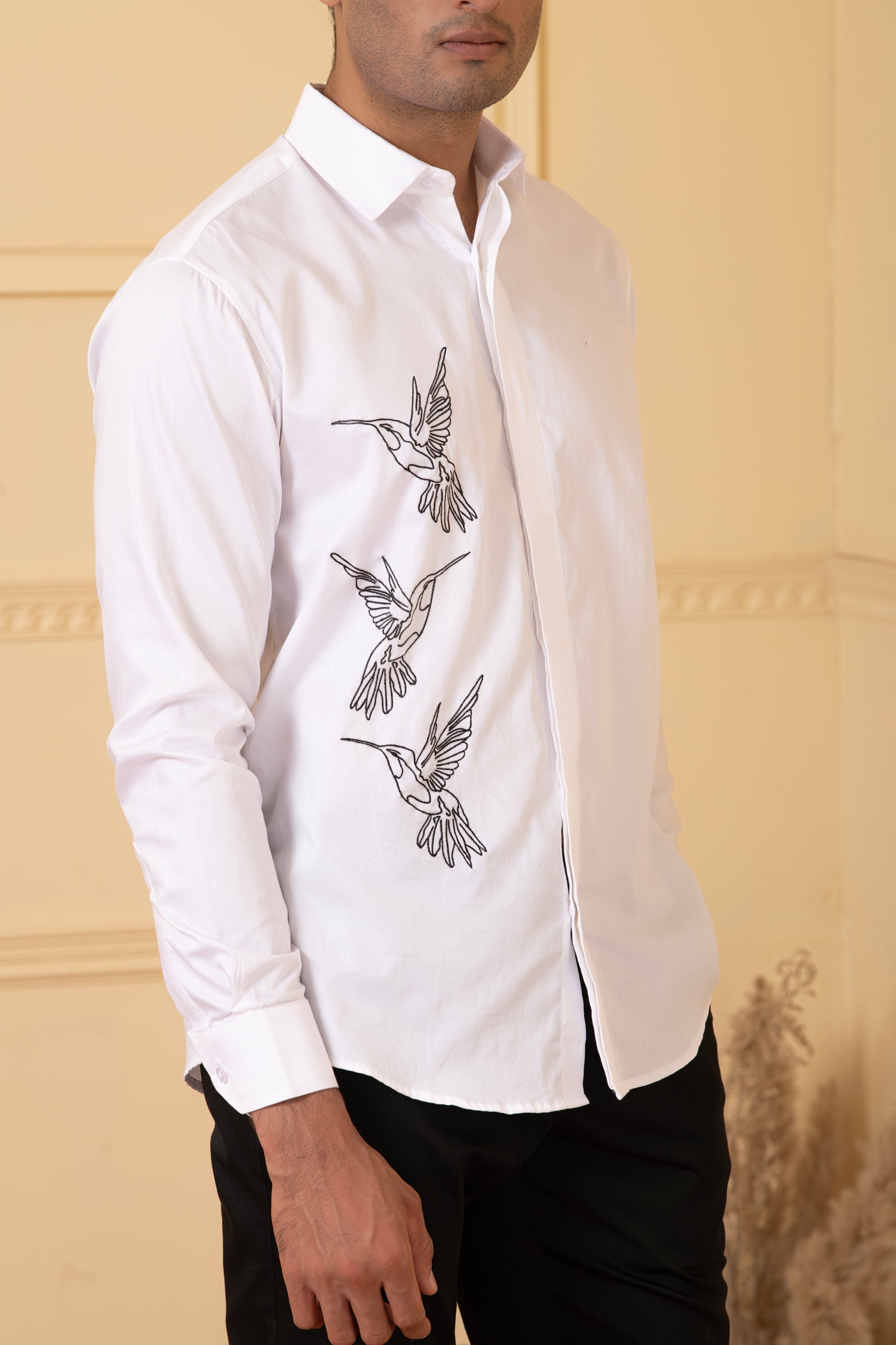 Aurora Birds Line Embroidery Shirt by Hilo Design