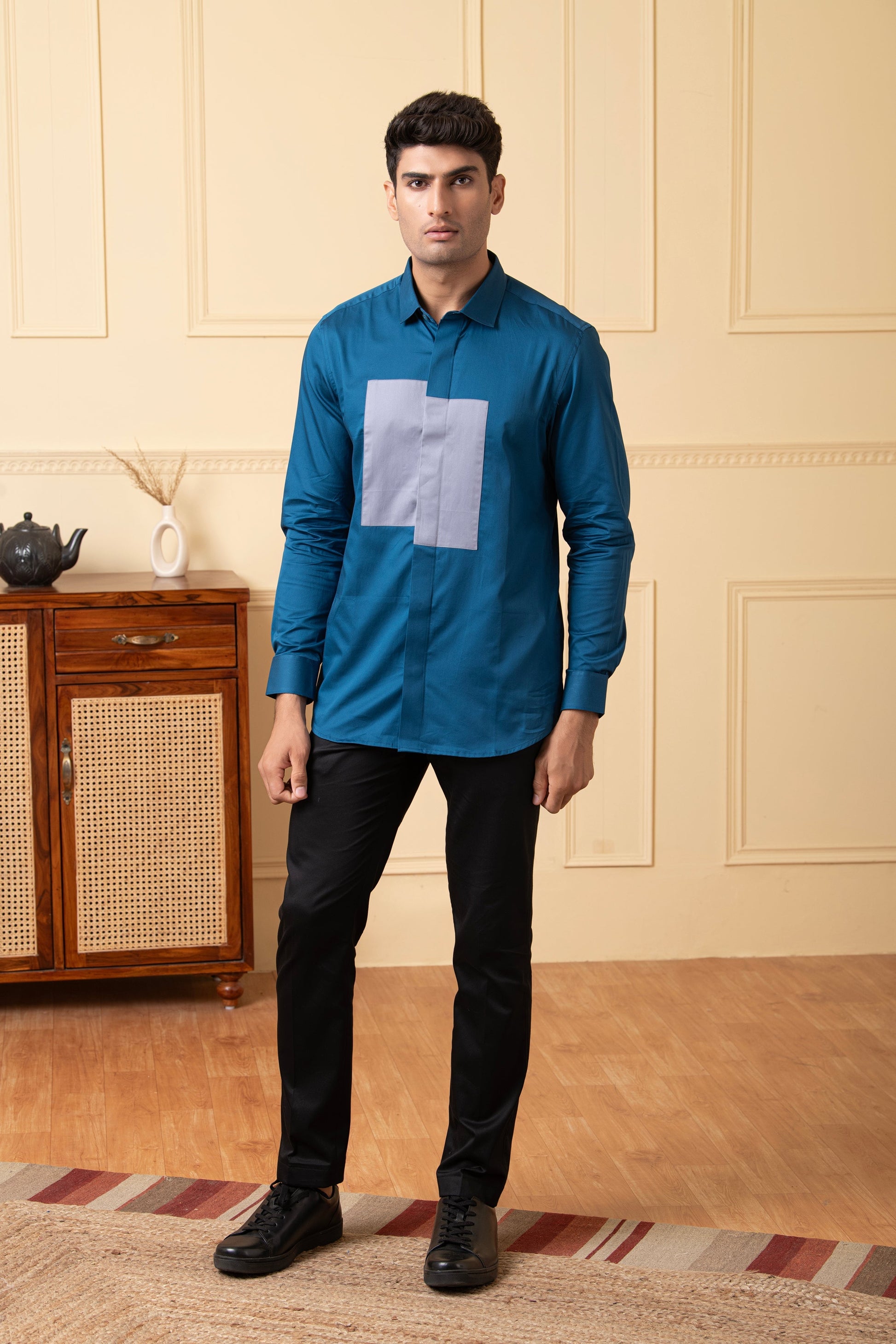 Blue Shirt With A Grey Patch Box by Hilo Design