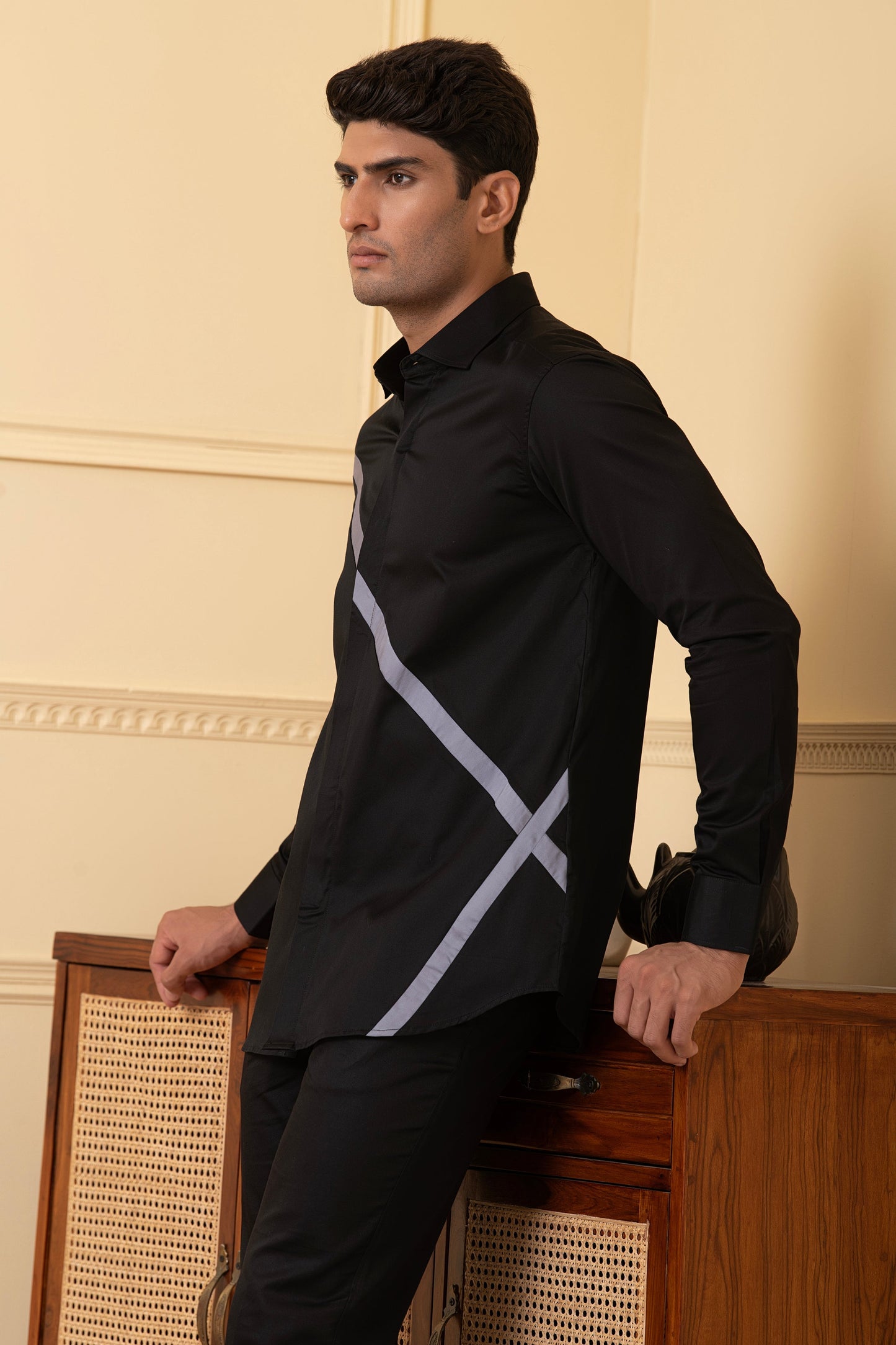 Black Shirt With V-Shaped Grey Strip by Hilo Design