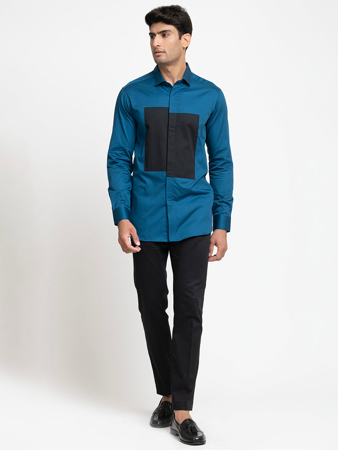 Blue Shirt With Black Patch Box Shirt by Hilo Design