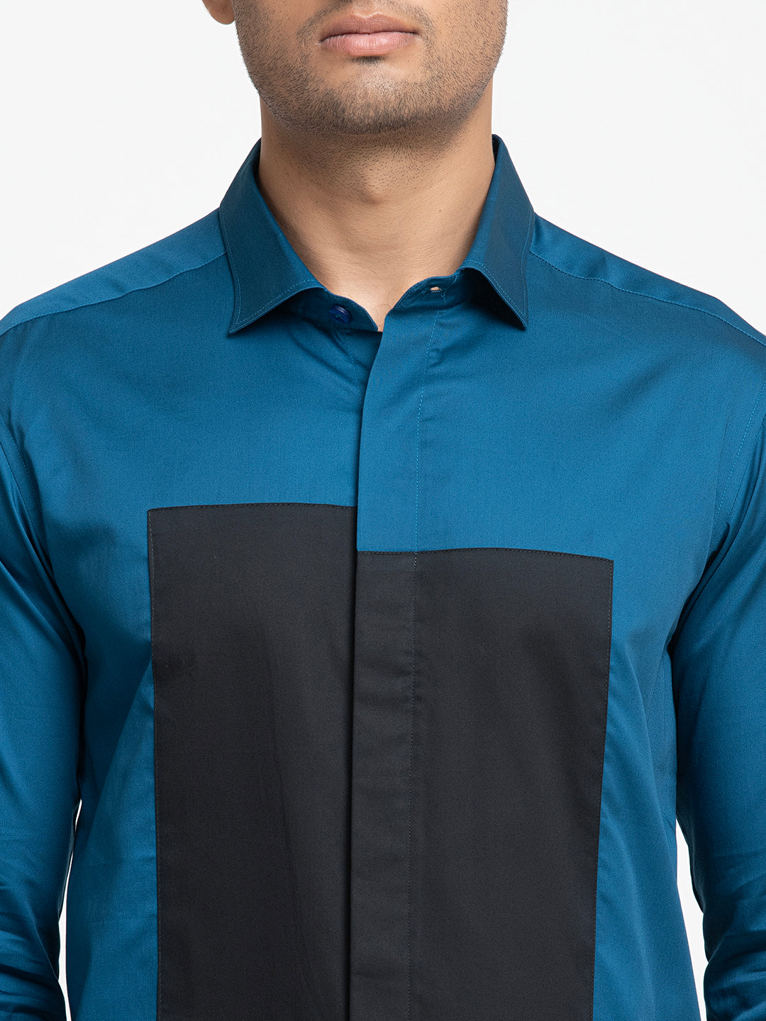 Blue Shirt With Black Patch Box Shirt by Hilo Design