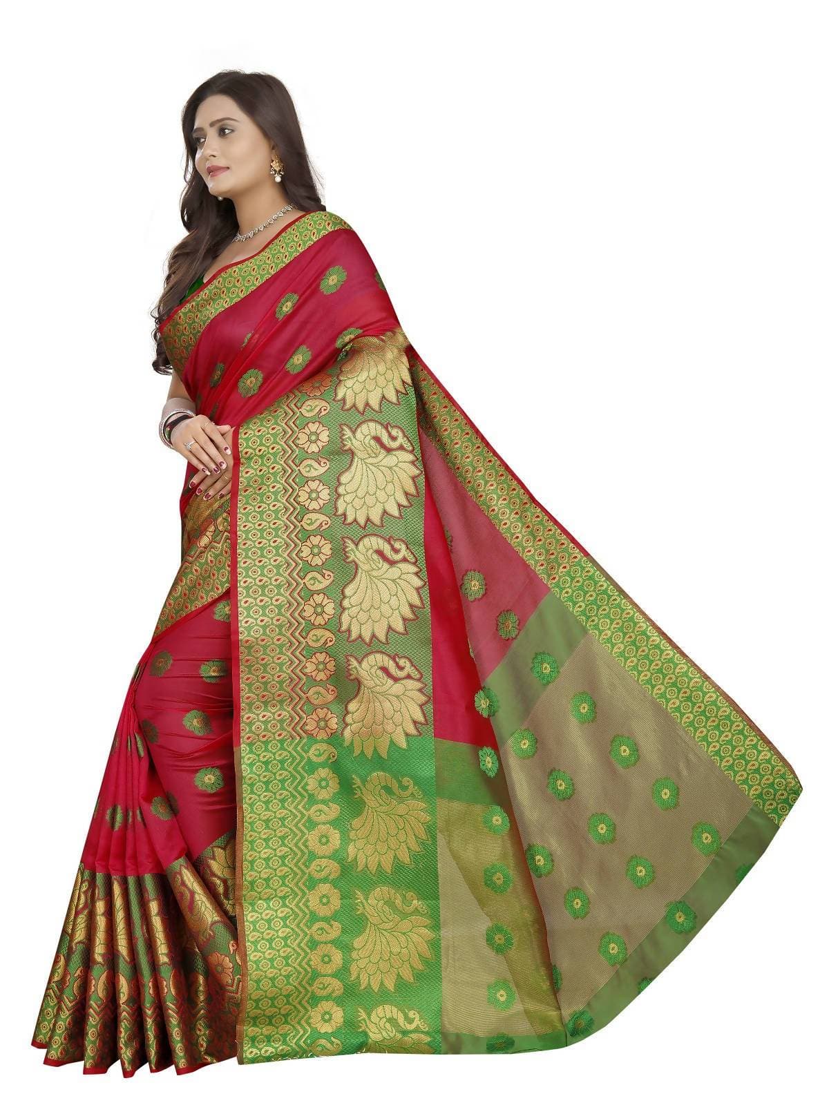 Vamika Banarasi Cotton Silk Red Weaving Saree | Swadesiicart
