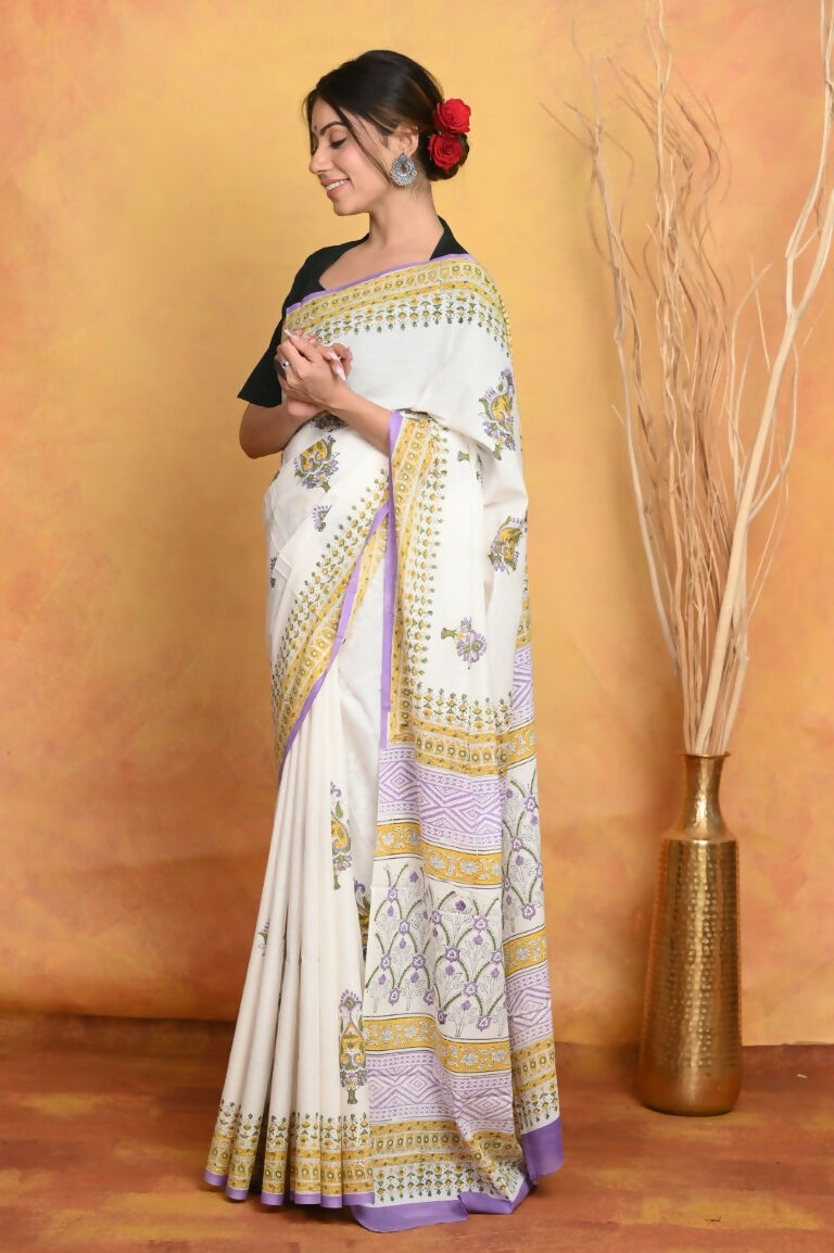 Very Much Indian Handblock Printed Cotton Saree With Natural Dyes - White | Swadesiicart
