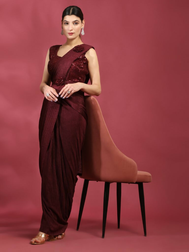 Maroon Imported Crush Lycra Texture Pattern Ready to Wear Saree with stitched Blouse - Nirvana | Swadesiicart