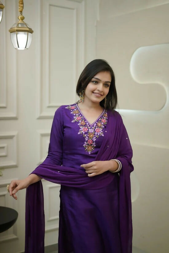 The52 Purple Women's Gorgeous Vichitra Fabric Embroidered Work Straight Kurta Pant and Dupatta Set - Swadesiicart