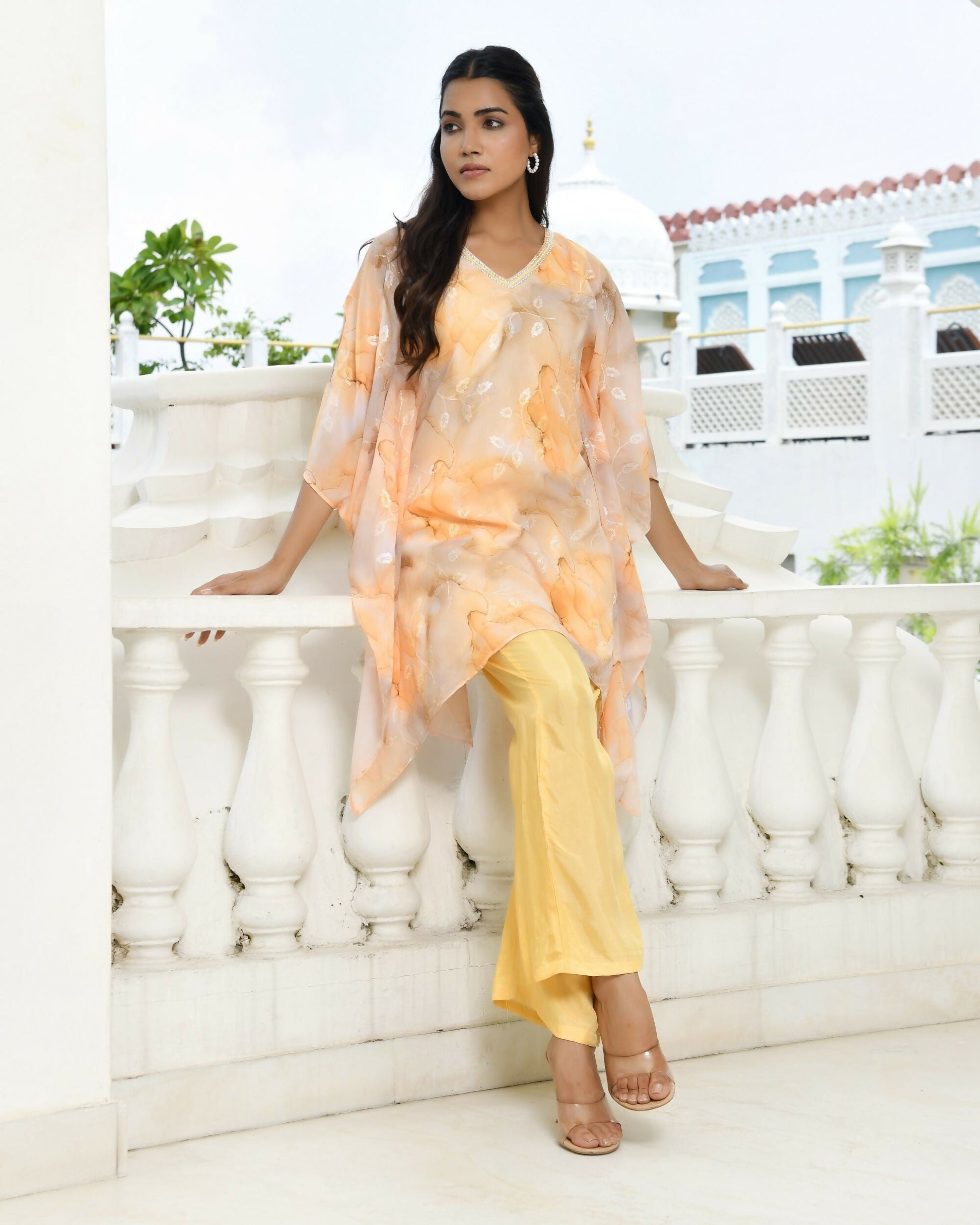 Vaasva Women's Lemon Georgette Marble Print Kaftan Pant Set | Swadesiicart