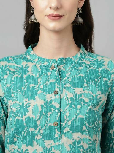 FIORRA Women's Floral Printed Teal Green Pure Cotton Straight Kurta - Swadesiicart