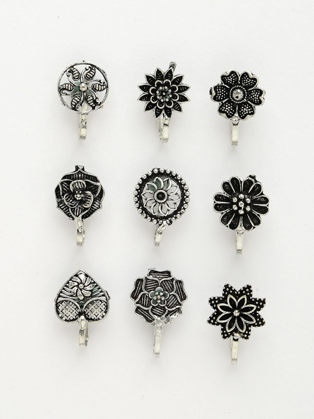 NVR Women's Set of 9 Silver-Plated German Silver Nose Pins | Swadesiicart