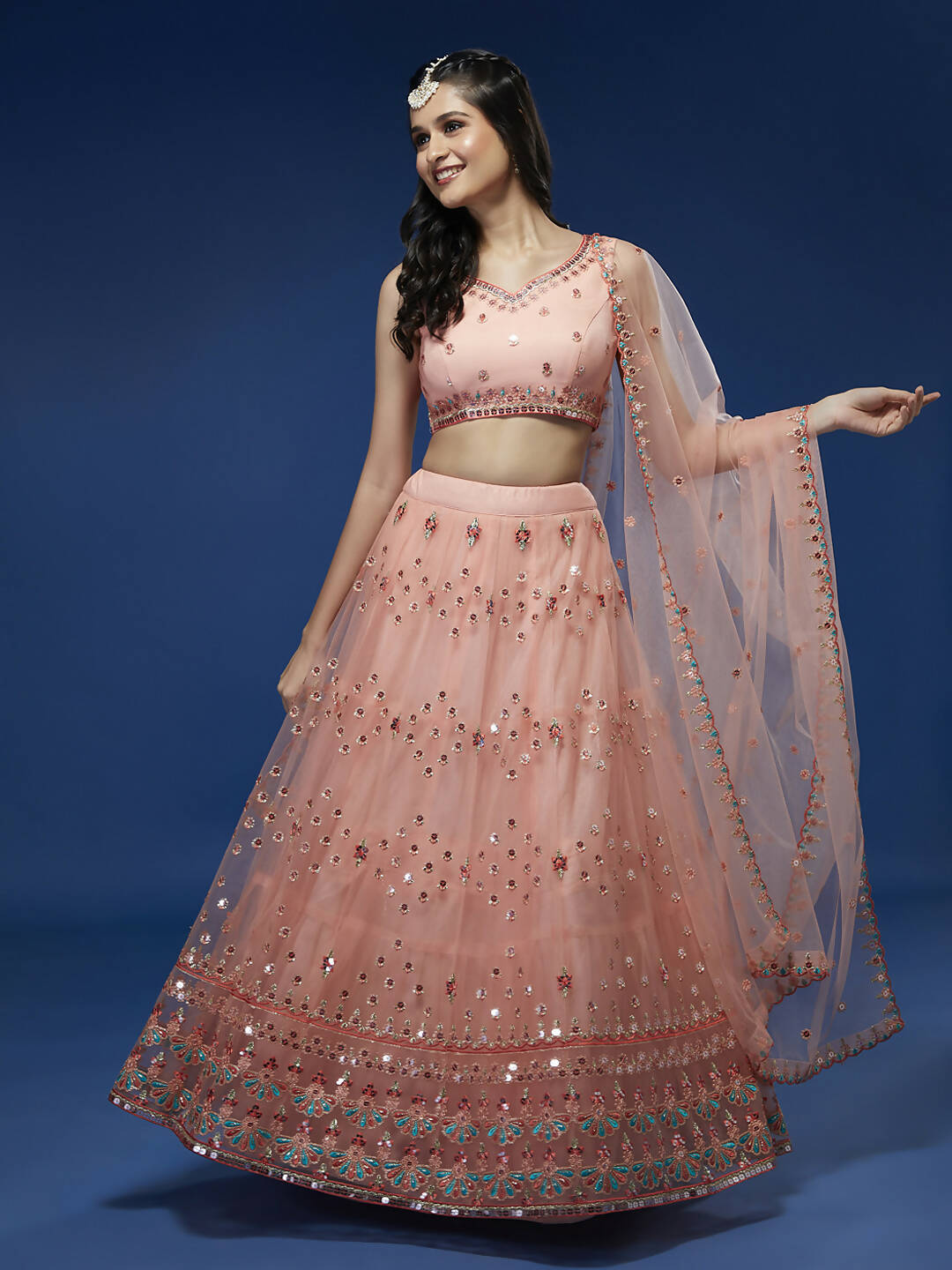 House of Panchhi Peach Net Sequinse Work Lehenga & Blouse, Dupatta | Swadesiicart