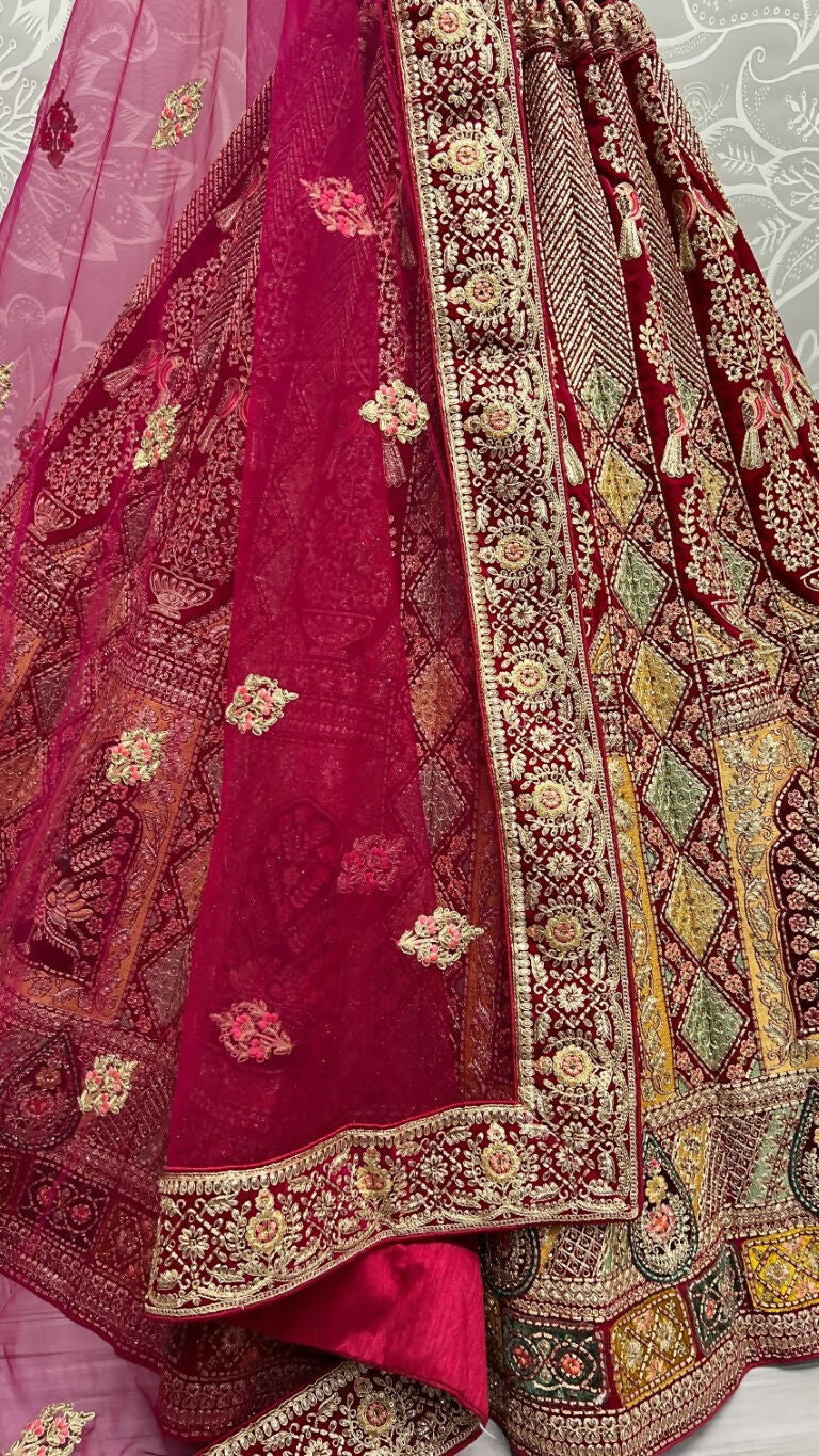 Jyoti Fashion Women's Rani Pink Velvet Fancy Dori, Zari with Multi Thread Embroidered Wedding Lehenga Choli | Swadesiicart