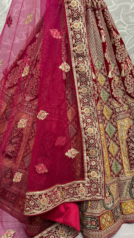 Jyoti Fashion Women's Rani Pink Velvet Fancy Dori, Zari with Multi Thread Embroidered Wedding Lehenga Choli | Swadesiicart
