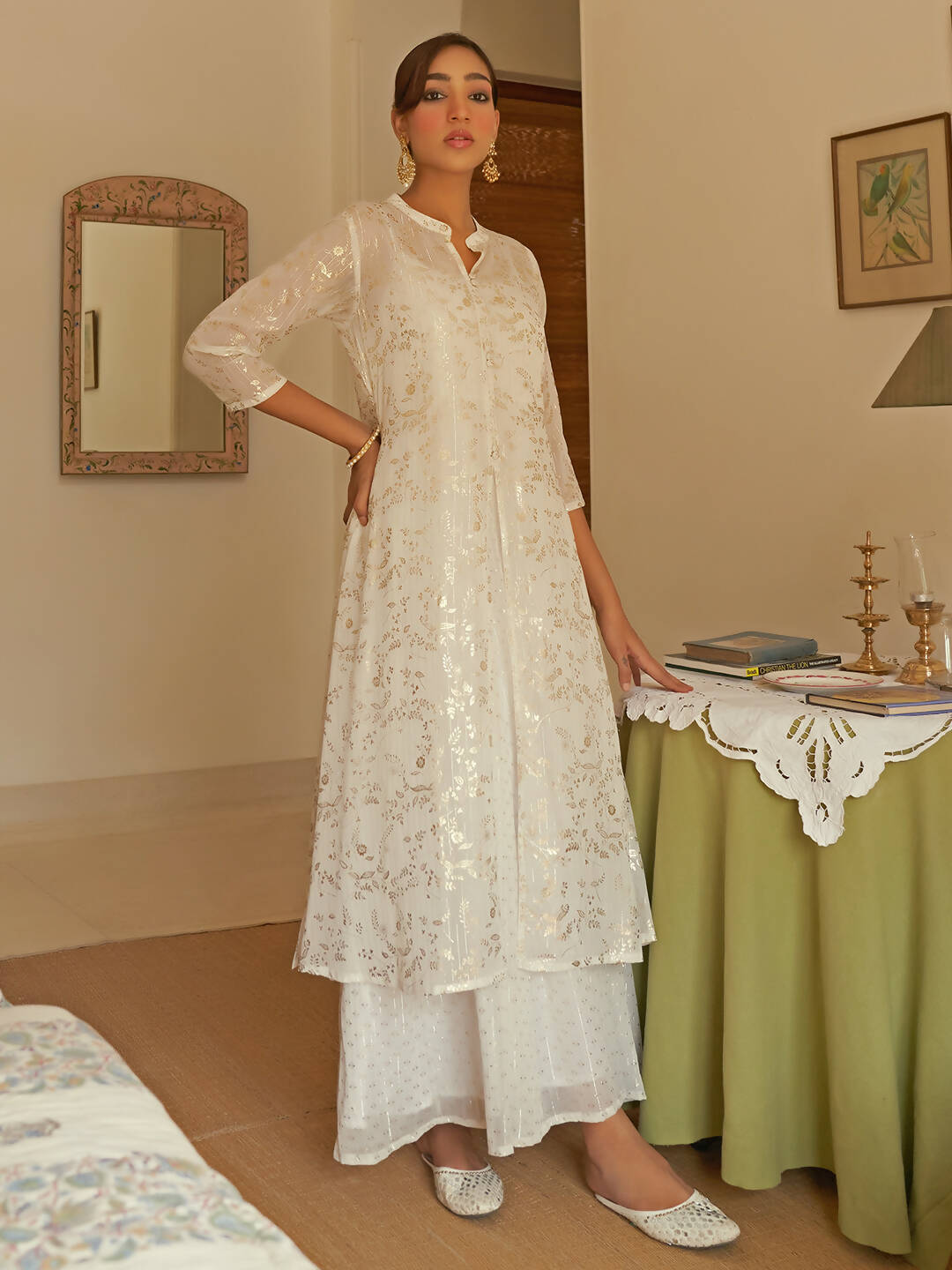 Janasya Women's White Chiffon Lurex Foil Printed Festive Flared Kurta Set | Swadesiicart