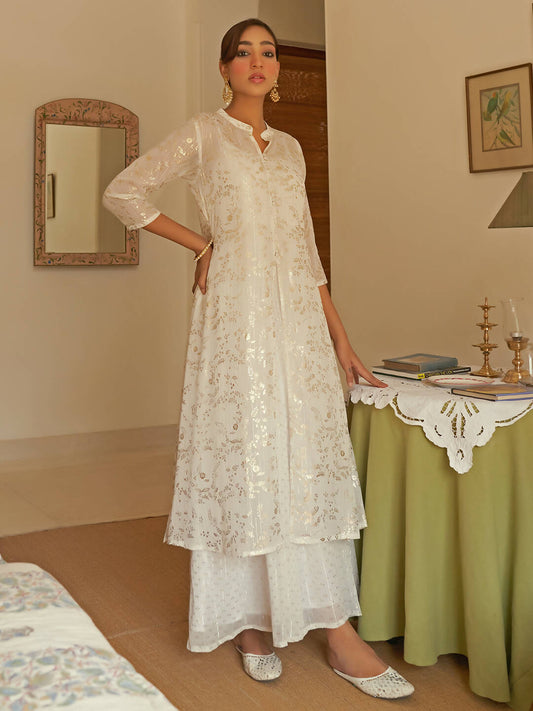 Janasya Women's White Chiffon Lurex Foil Printed Festive Flared Kurta Set | Swadesiicart