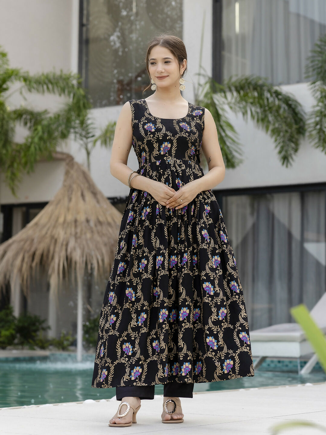 The52 Black Women's Gorgeous Printed Muslin Fabric Flared Kurta Pant and Dupatta Set - Swadesiicart