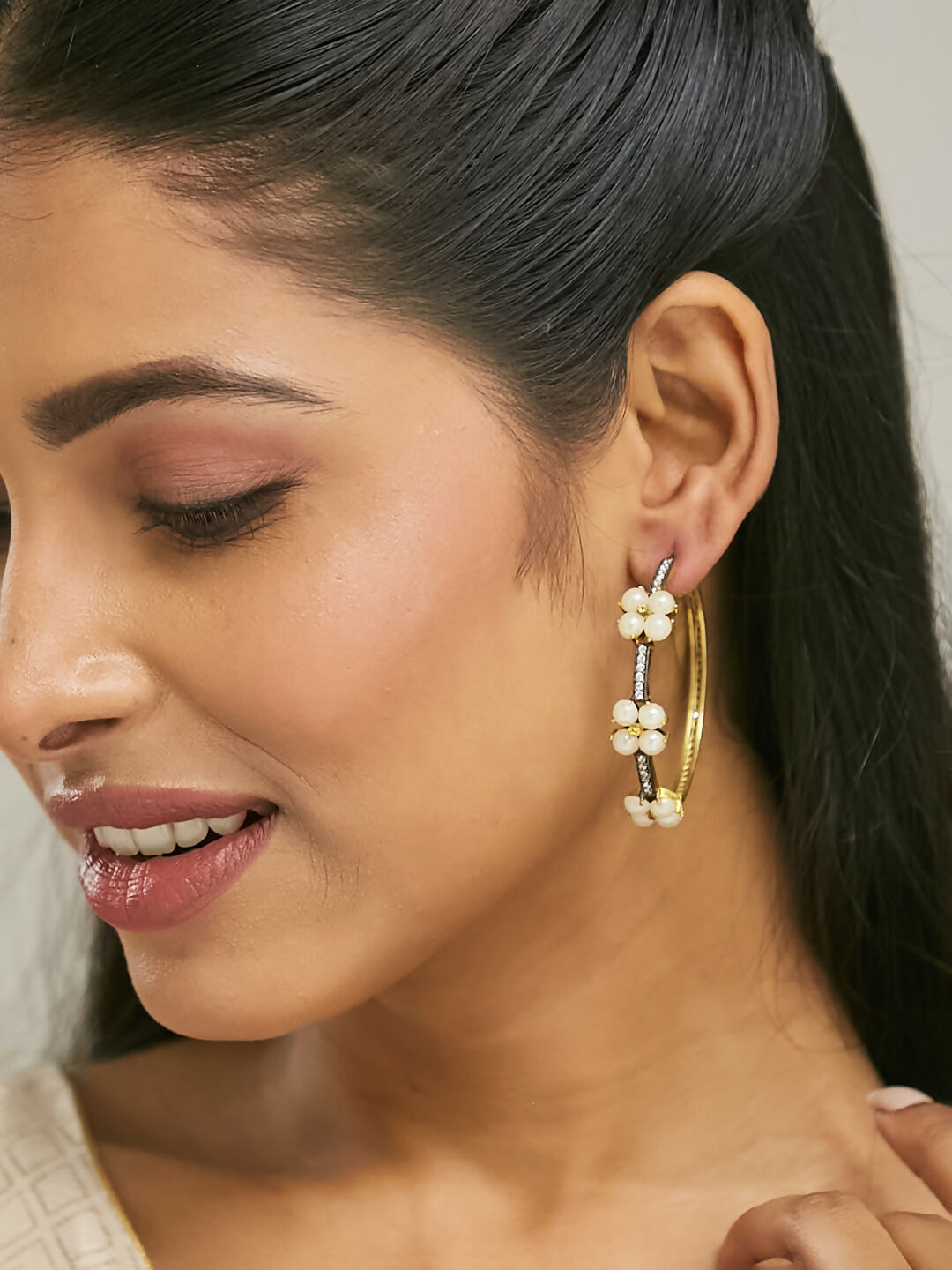 Nuyug 22K Gold-Plated Elegant Pearl Beaded Circular Hoop Earrings | Swadesiicart