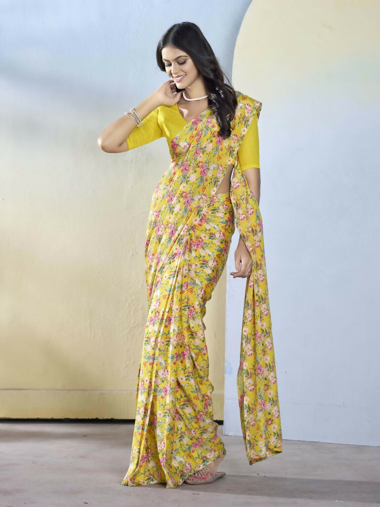 Yellow Georgette Designer Printed Ready to Wear Saree - Samyana | Swadesiicart