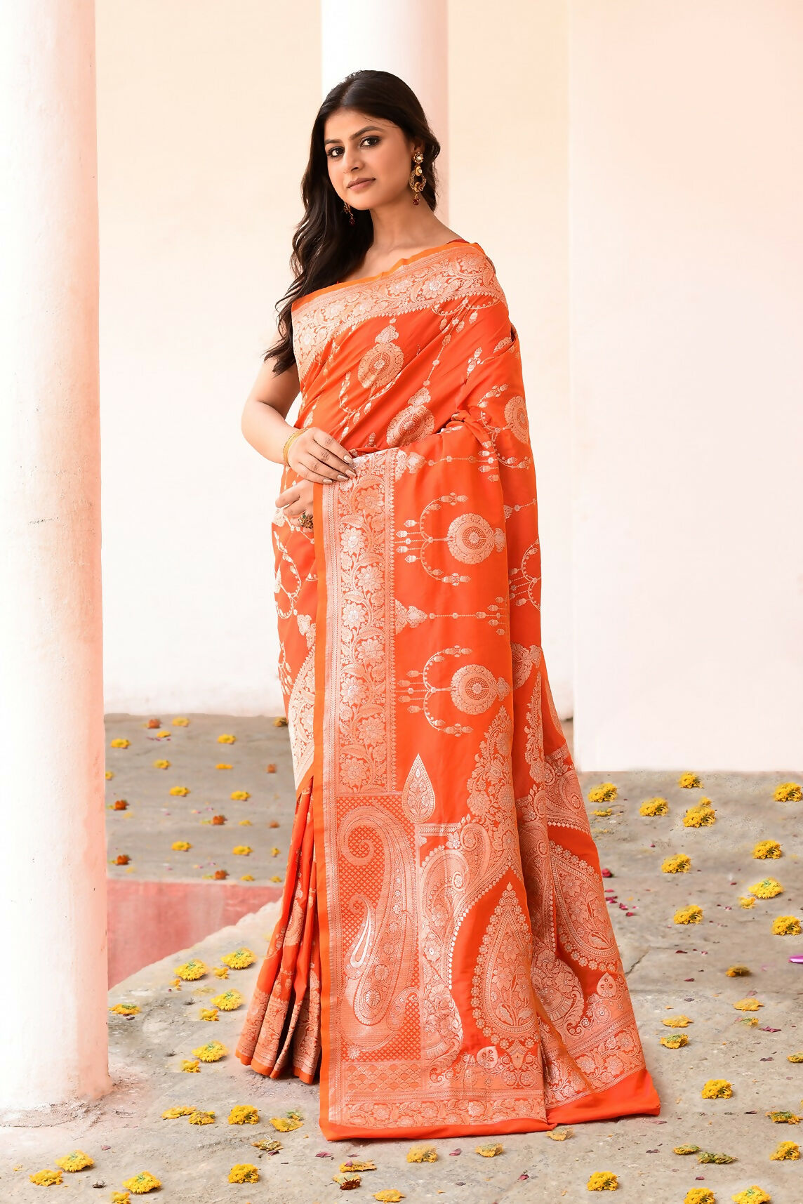 Joban Fashion Orange Banarasi Soft Pure Handloom Banarasi Silk Saree | Swadesiicart
