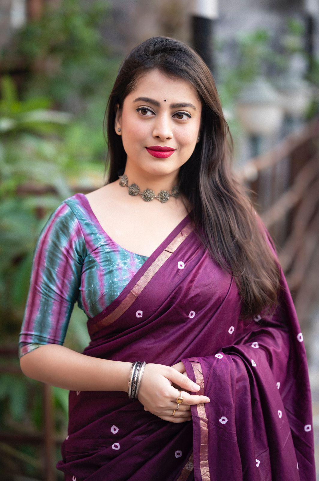 Purple Chanderi Cotton Block Print Saree with Unstitched Blouse - Hiral Fashion | Swadesiicart