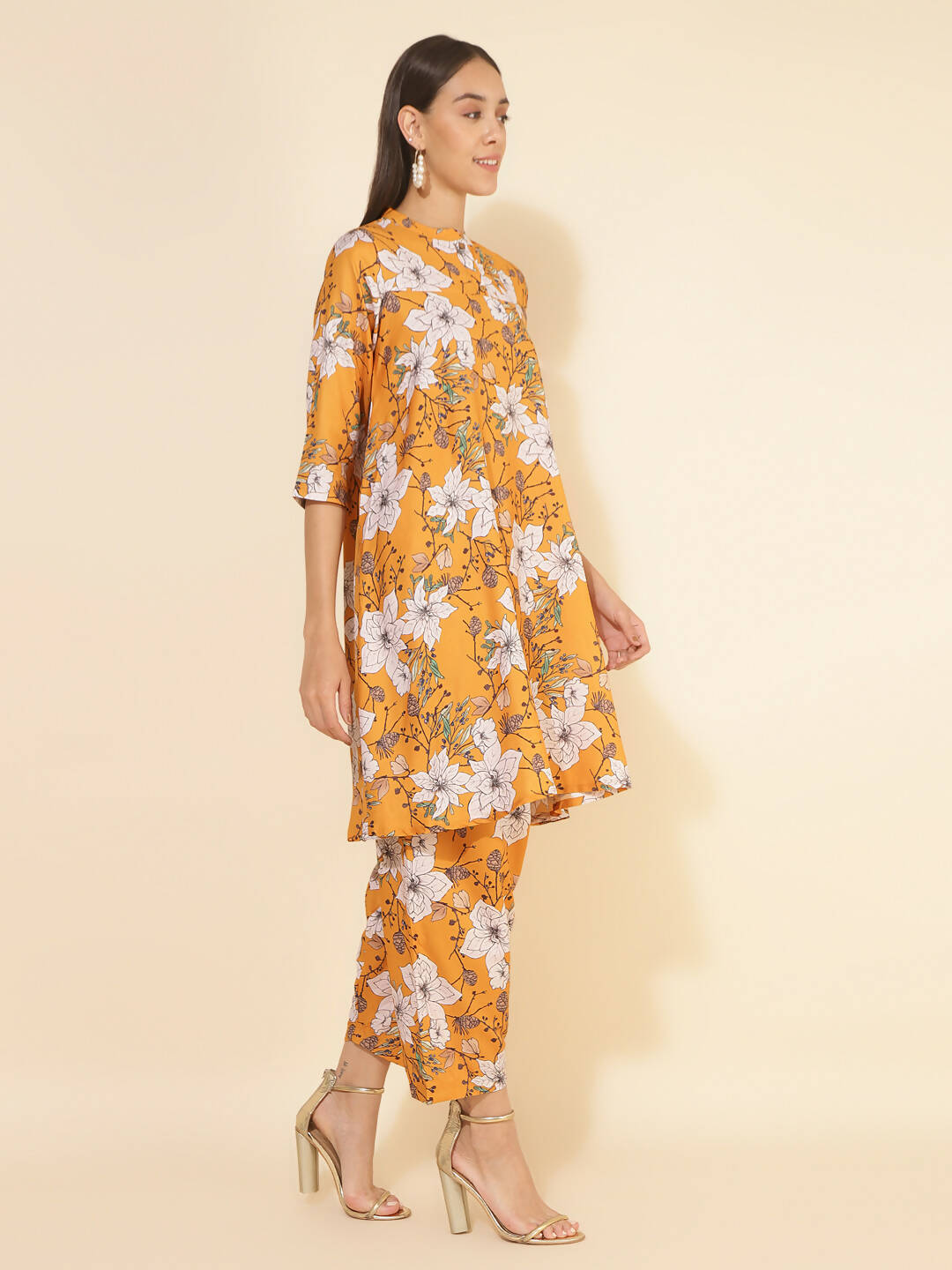Janasya Women's Mustard Moss Digital Floral Printed Casual A-line Co-ords - Swadesiicart