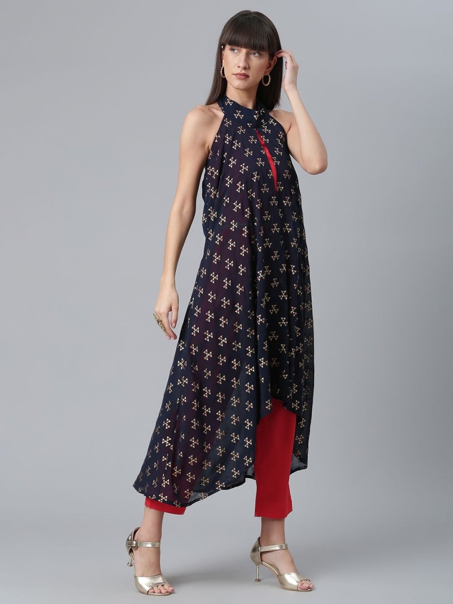 Ahalyaa Women Red Crepe Solid kurta Pant with Printed Jacket | Swadesiicart