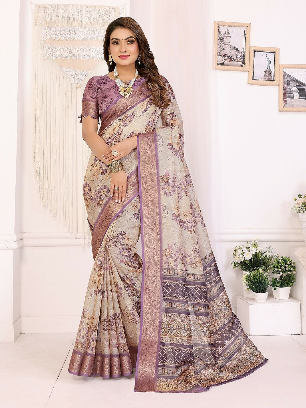 Joban Fashion Lavender Floral Print pattern Banarasi Silk Sarees | Swadesiicart