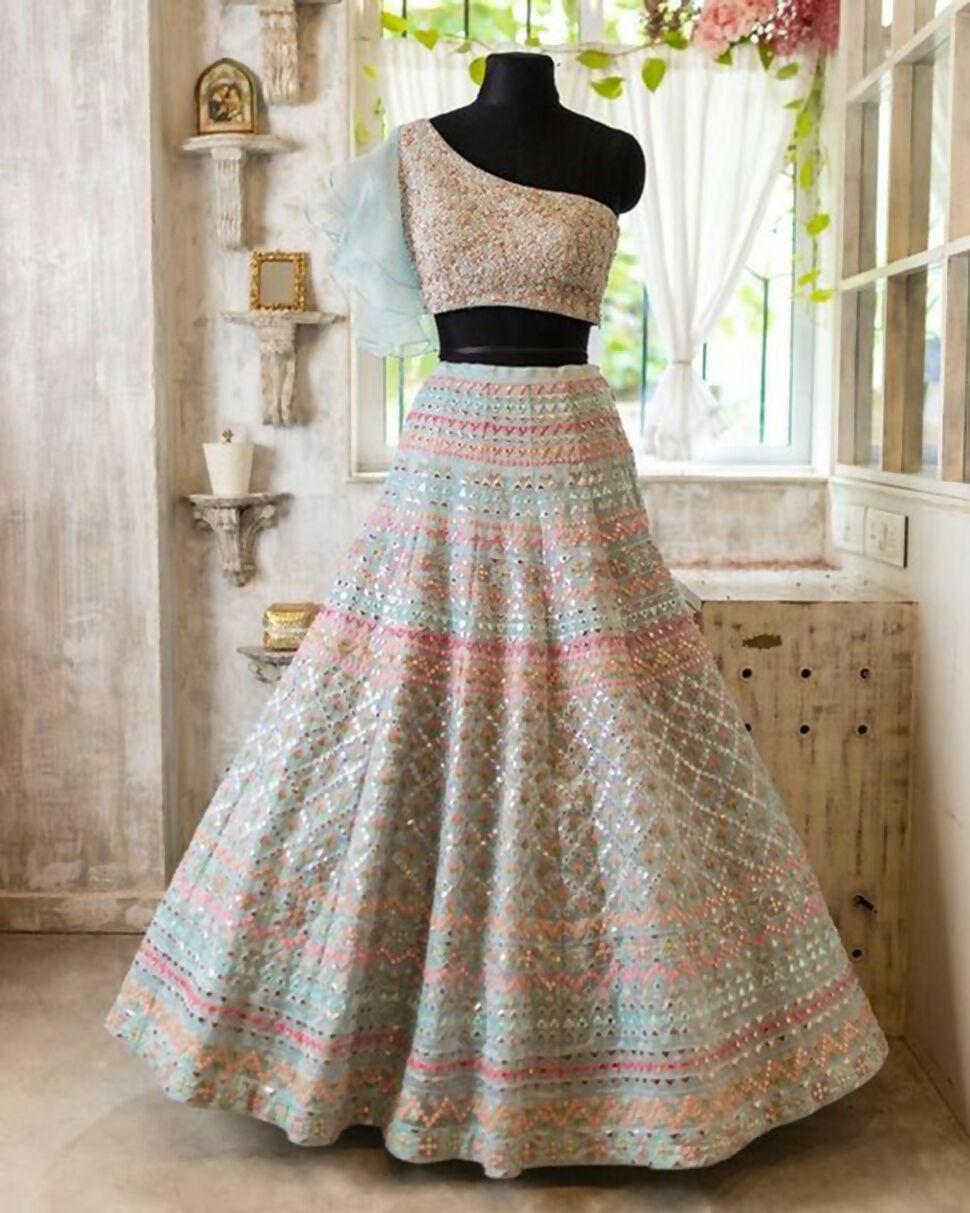 Jyoti Fashion Light Turquoise Thread, Zari and Paper Mirror Embroidered Organza One Shoulder Bridal Lehenga Choli | Swadesiicart