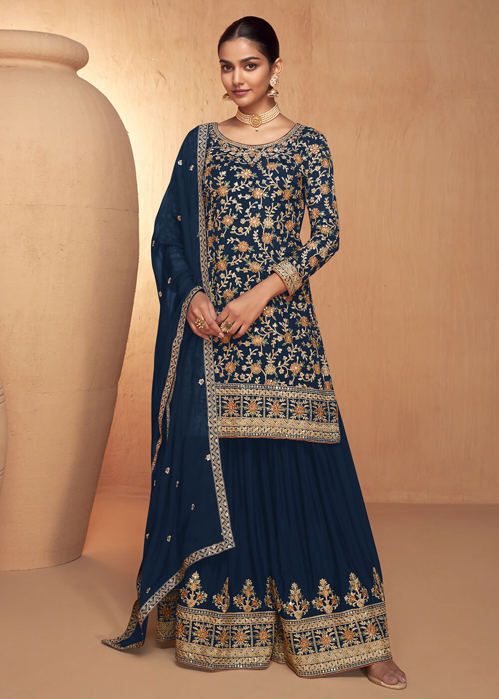 Blue Real Chinnon Embroidered Wedding Festive Palazzo Suit - Emponline | Swadesiicart