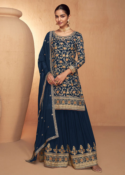 Blue Real Chinnon Embroidered Wedding Festive Palazzo Suit - Emponline | Swadesiicart