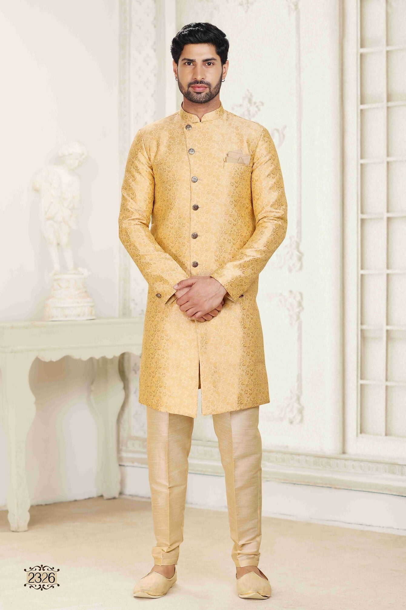 Raivat Ethnic Banarasi Jacquard Embroidery Semi Indo Western Sherwani In Cream Beige Colour | Swadesiicart