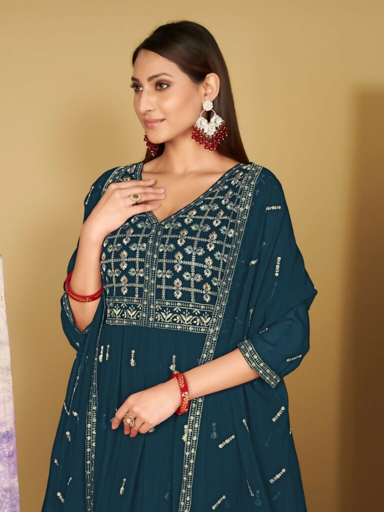 Jyoti Fashion Women's Rama Georgette Embroidered Anarkali Kurta Pant Set With Dupatta | Swadesiicart